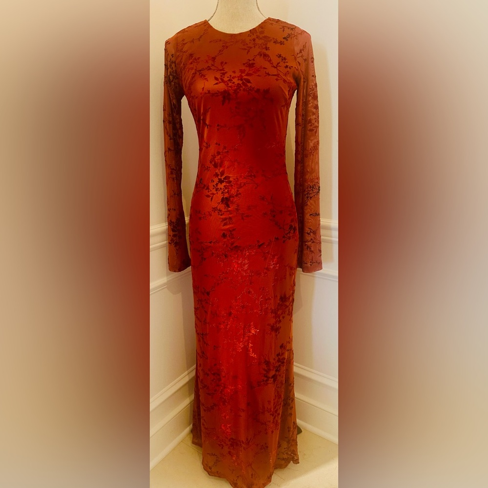 NWT Burnt Orange Bodycon Maxi Dress L Stretch Velvety Floral Overlay Wedding